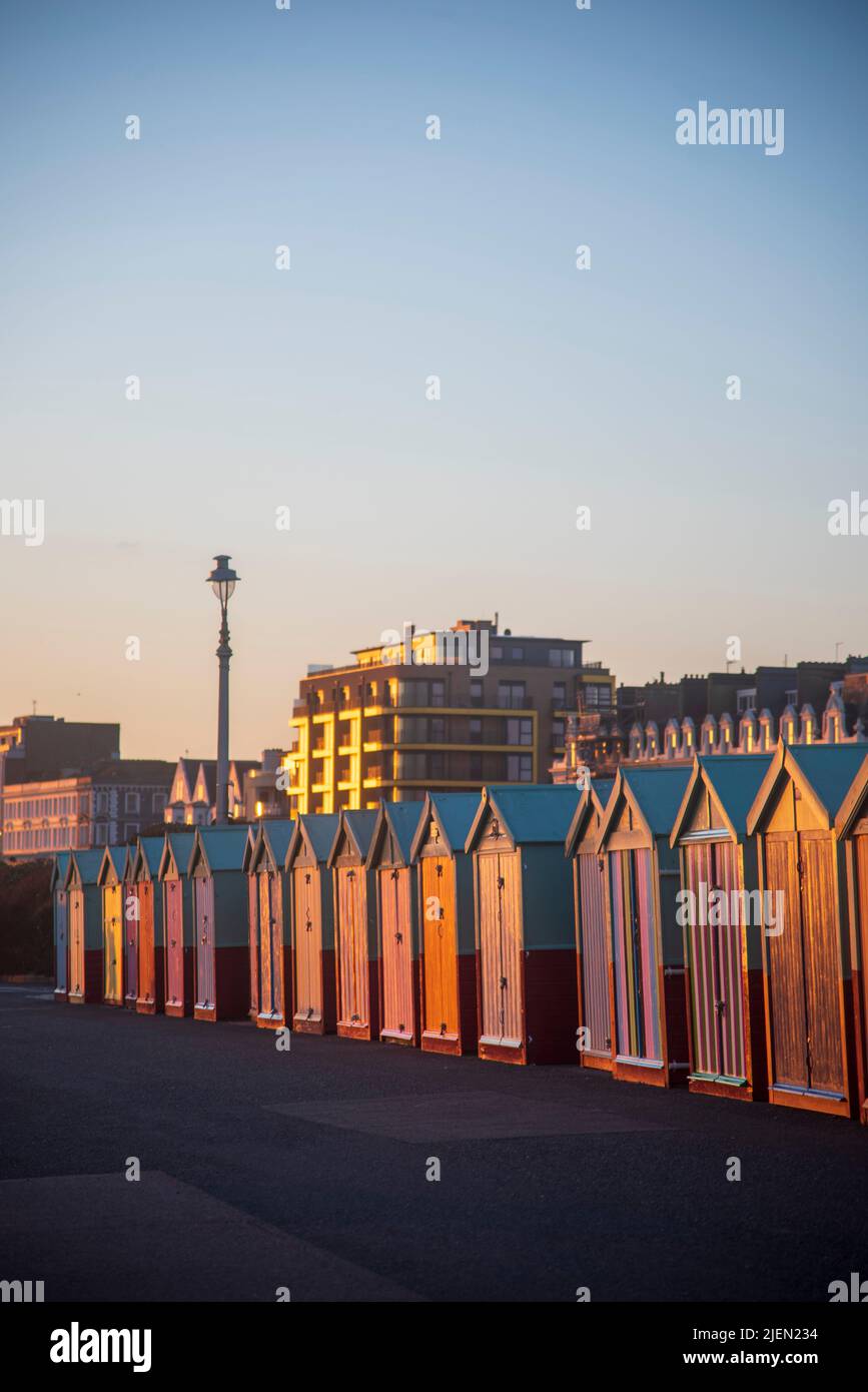 The Beach Huts in Hove, East Sussex at Sunset Stock Photo
