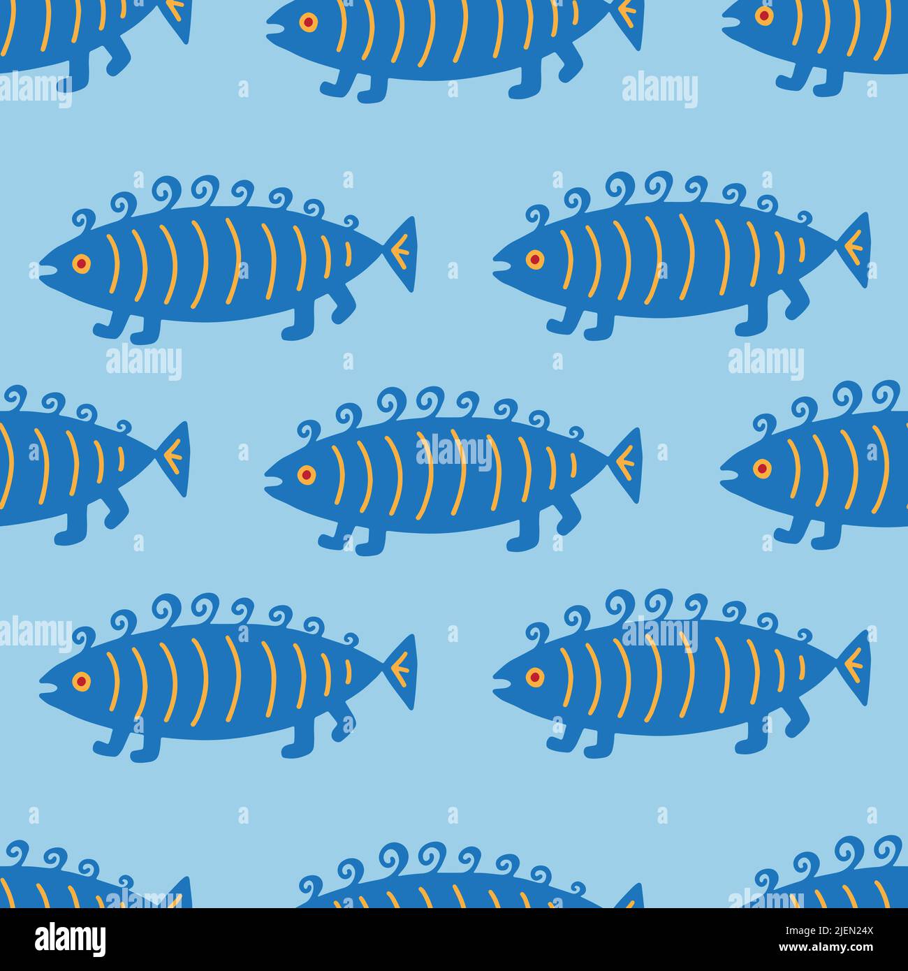 Seamless pattern with cute fishes on blue background. Stock Vector