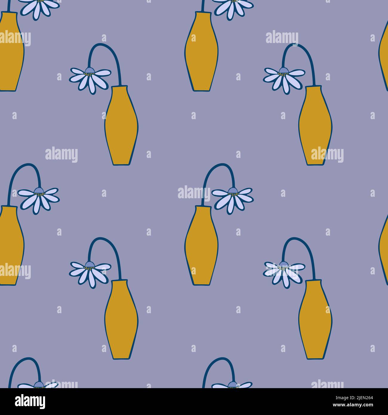 Seamless pattern with flower in vase on lilac background. Stock Vector