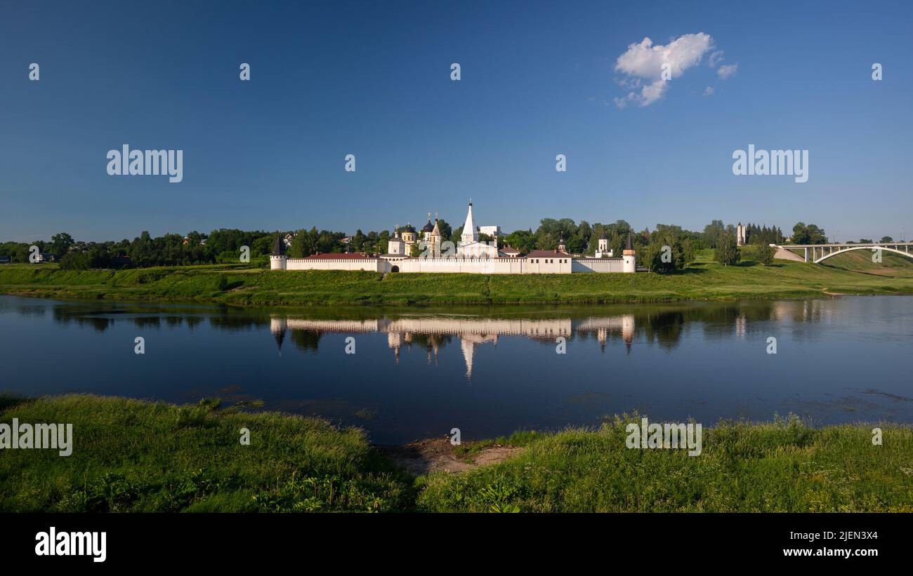 View of the Staritsky Holy Dormition Monastery on a sunny August evening. City of Staritsa. Tver region, Russia. High quality photo Stock Photo