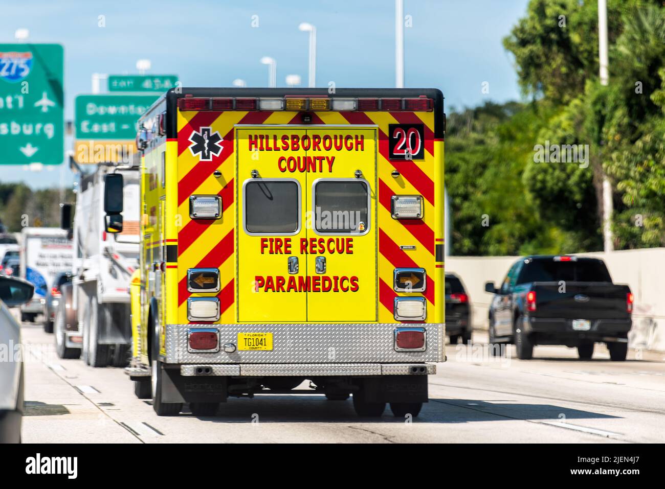 Tampa, USA - October 4, 2021: Road street interstate highway i275 for St Petersburg sign in Florida with Hillsborough County Fire Rescue Paramedics Am Stock Photo