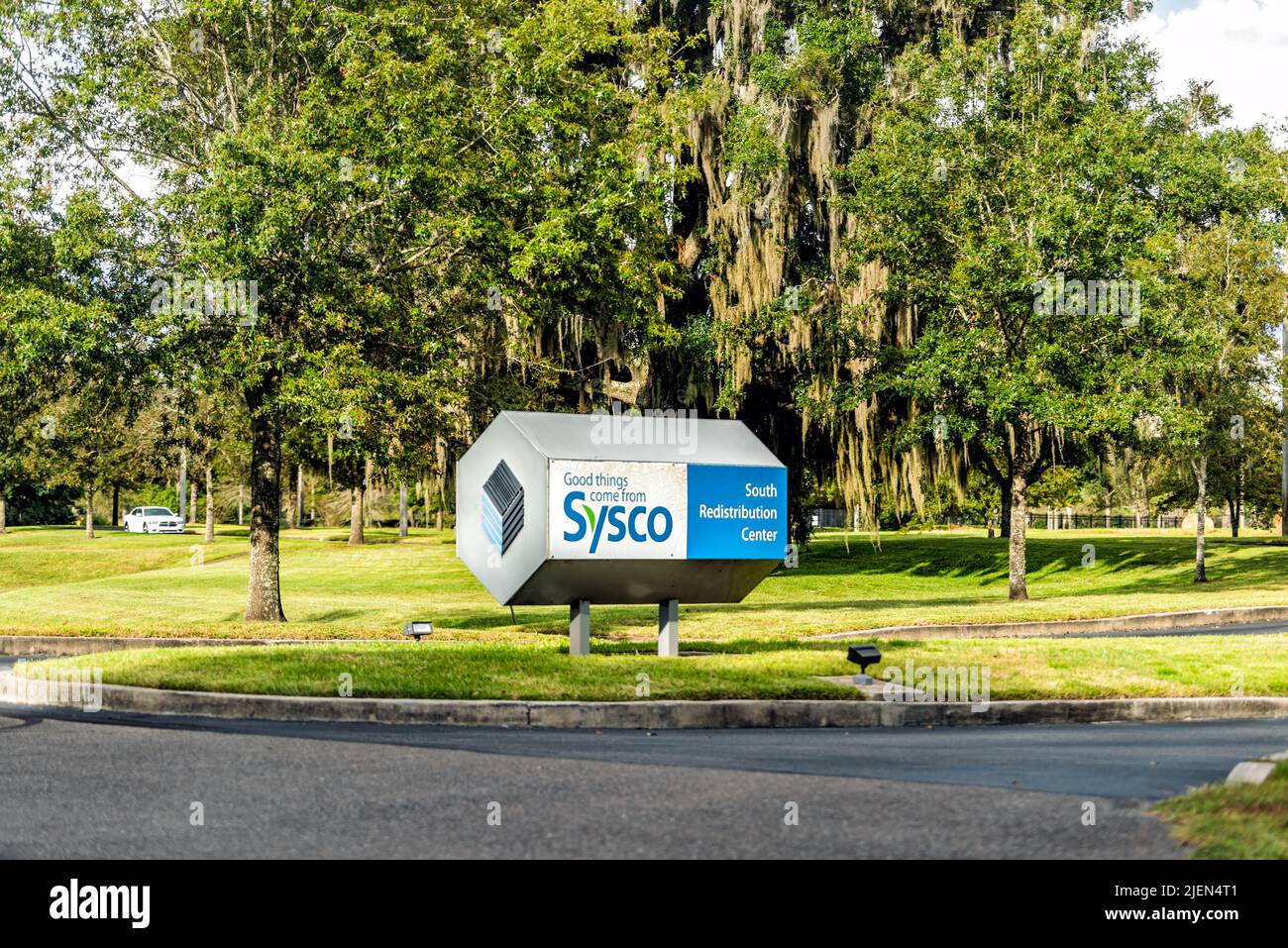 City of Alachua, USA - October 4, 2021: Sysco redistribution center office entrance sign in Alachua county, Florida campus in the country with nobody Stock Photo