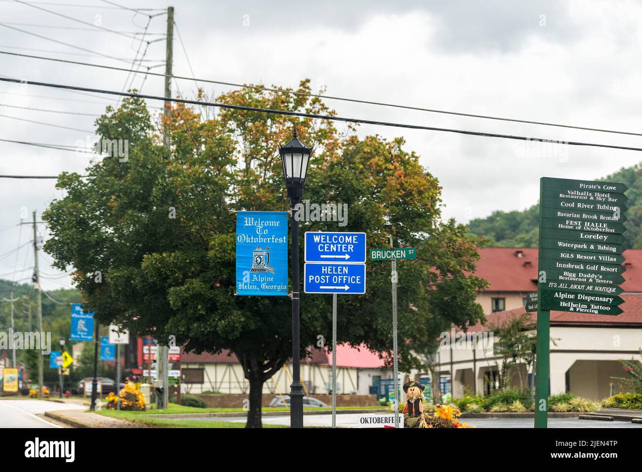 Helen, USA - October 5, 2021: Helen, Georgia Bavarian village sign for welcome center, post office and many stores shops at Oktoberfest festival on st Stock Photo