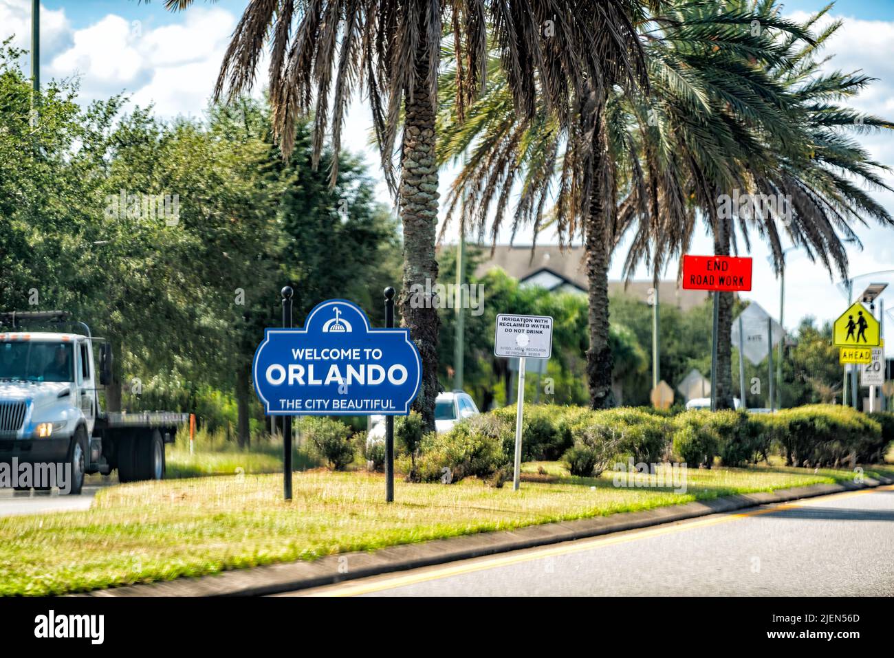 Orlando, USA - October 19, 2021: Billboard sign of Welcome to Orlando, Florida the city beautiful roadside blue board entrance to tropical tourist res Stock Photo