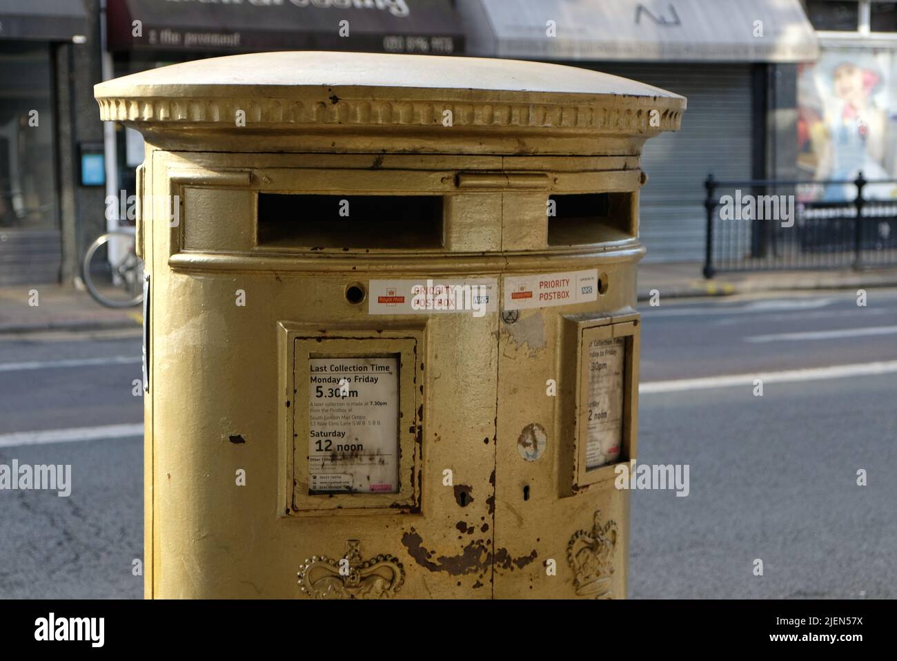 London, UK, 27th June, 2022. A postbox commemorating rower Sophie Hosking's gold medal in the 2012 Olympics. Members of the Communication Union (CWU) announced a walk out on July 11th in a pay dispute - for the third time this year. Over 100 Crown Post Offices will be affected as workers voted to strike after rejecting a 3% pay offer. Credit: Eleventh Hour Photography/Alamy Live News Stock Photo