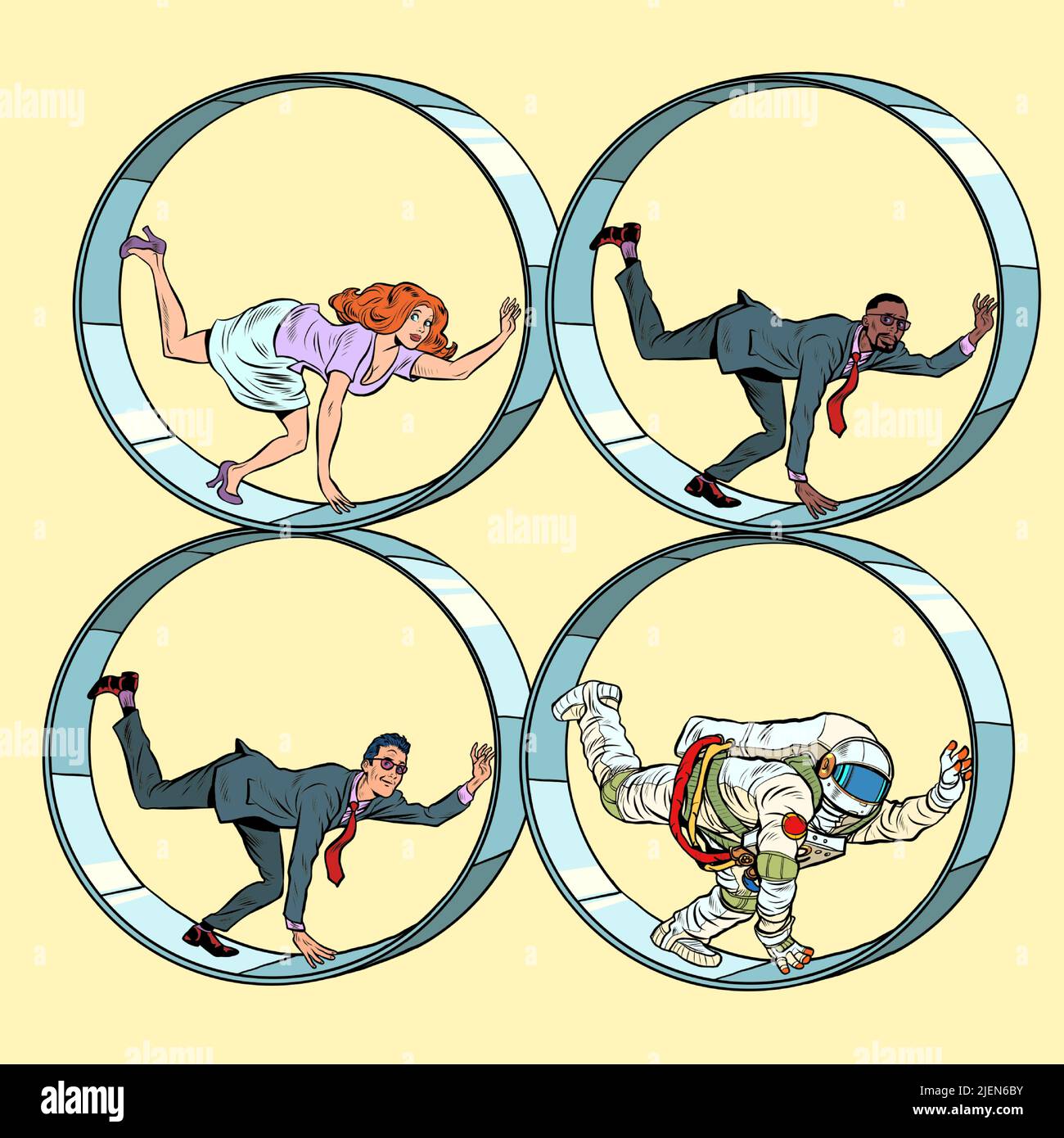 set of people in a squirrel wheel. Routine monotonous work. A man in captivity of his affairs. pop art Retro vector Illustration 50s 60s kitsch Vintag Stock Vector