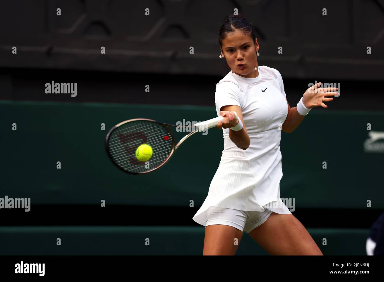 London, 27 June 2022 - Great Britain's Emma Raducanu in action during her opening round match against Alison Van Uytvanck on Centre Court at Wimbledon. Credit: Adam Stoltman/Alamy Live News Stock Photo