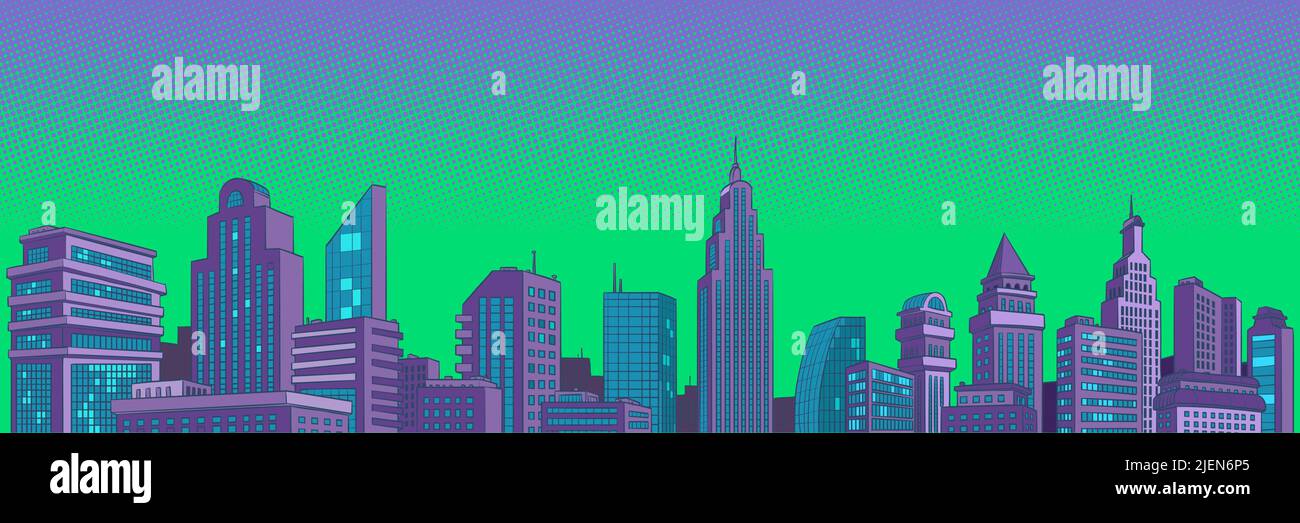 Modern city skyscrapers panorama of tall buildings, urban background. Pop art retro vector illustration comic caricature 50s 60s style vintage kitsch Stock Vector