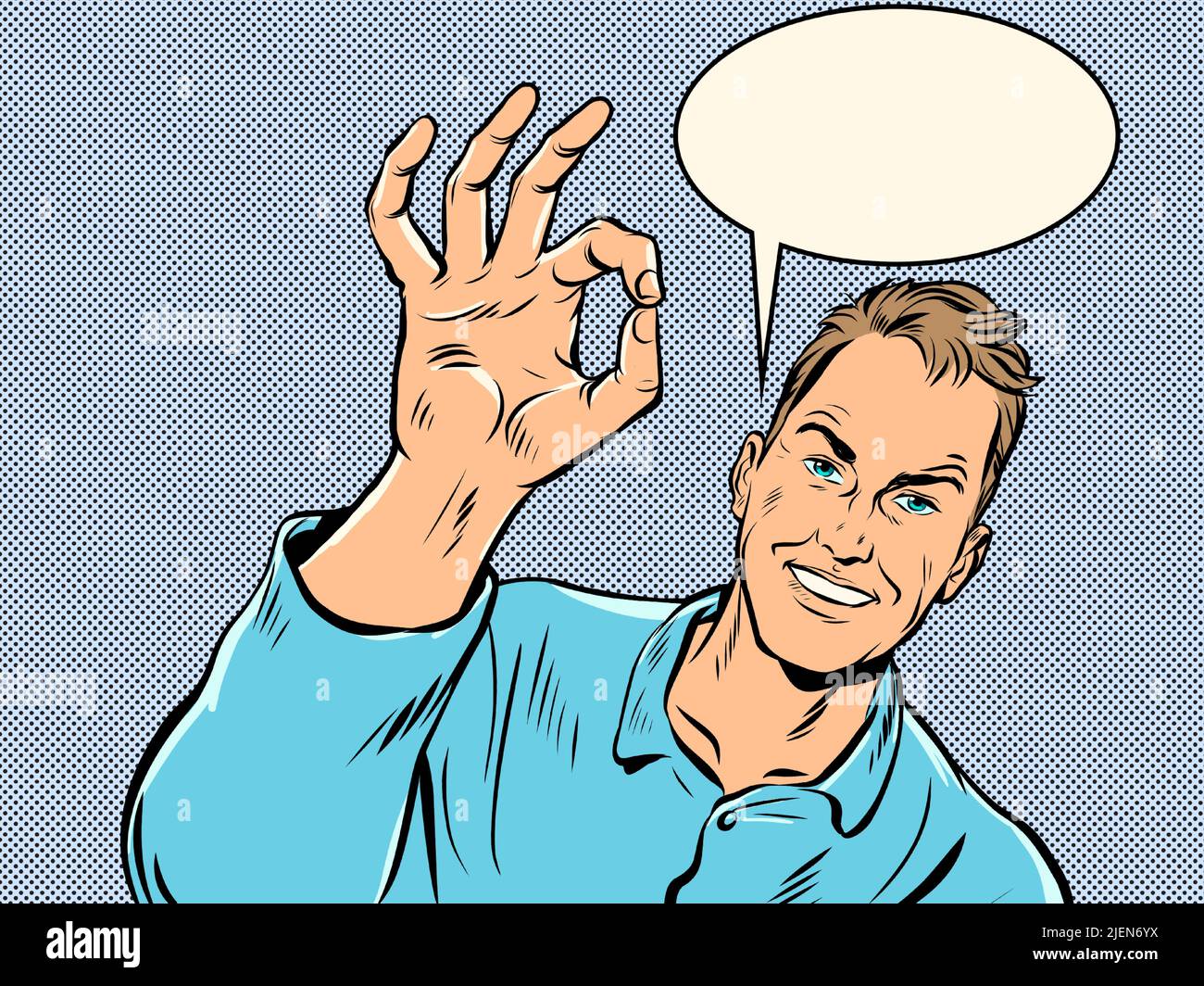 the male OK gesture, quality recommendation, hand gesture, advertisement announcement. pop art retro vector illustration kitsch vintage 50s 60s style Stock Vector