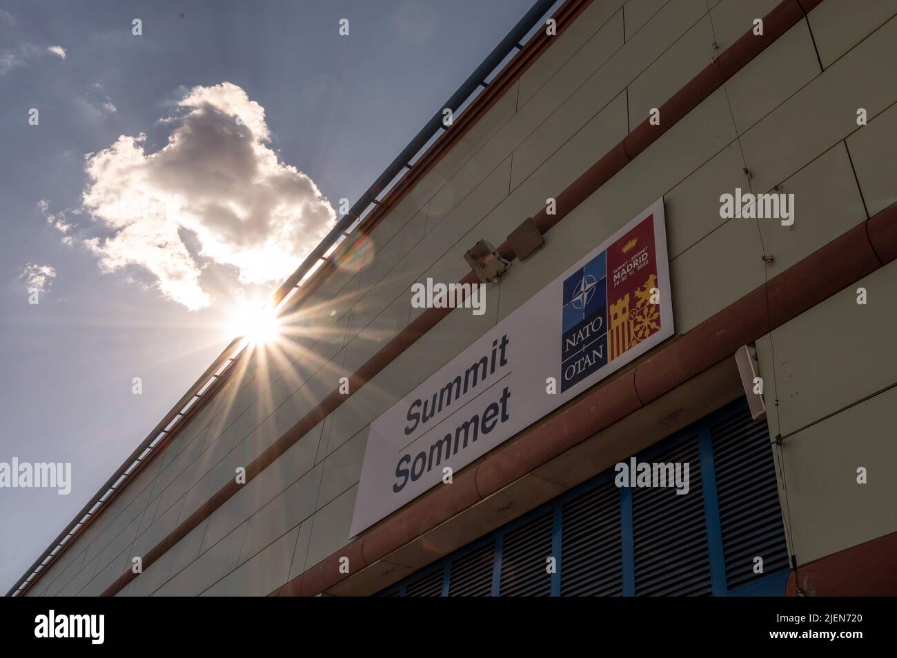 Madrid, Spain. 27th June, 2022. A placard at an entrance in IFEMA where the NATO Summit will take place. Spain will host a NATO Summit in Madrid on 29th and 30th of June 2022. Credit: Marcos del Mazo/Alamy Live News Stock Photo