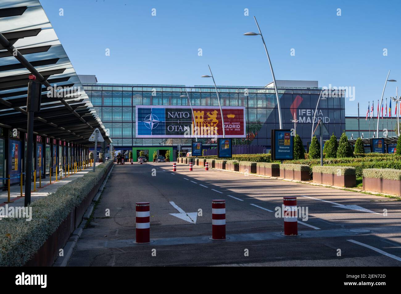 Madrid, Spain. 27th June, 2022. View of IFEMA where the NATO Summit will take place. Spain will host a NATO Summit in Madrid on 29th and 30th of June 2022. Credit: Marcos del Mazo/Alamy Live News Stock Photo