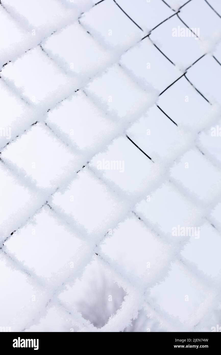 Snowy mesh fence made of steel with blue sky and blurred tree in background constraining unknown area. Exile to Siberia. Protests with people going Stock Photo