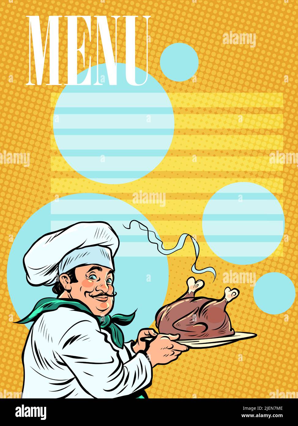 menu cook with roast turkey, poultry cooking and roasting, professional worker in restaurant. pop art retro vector illustration kitsch vintage 50s 60s Stock Vector