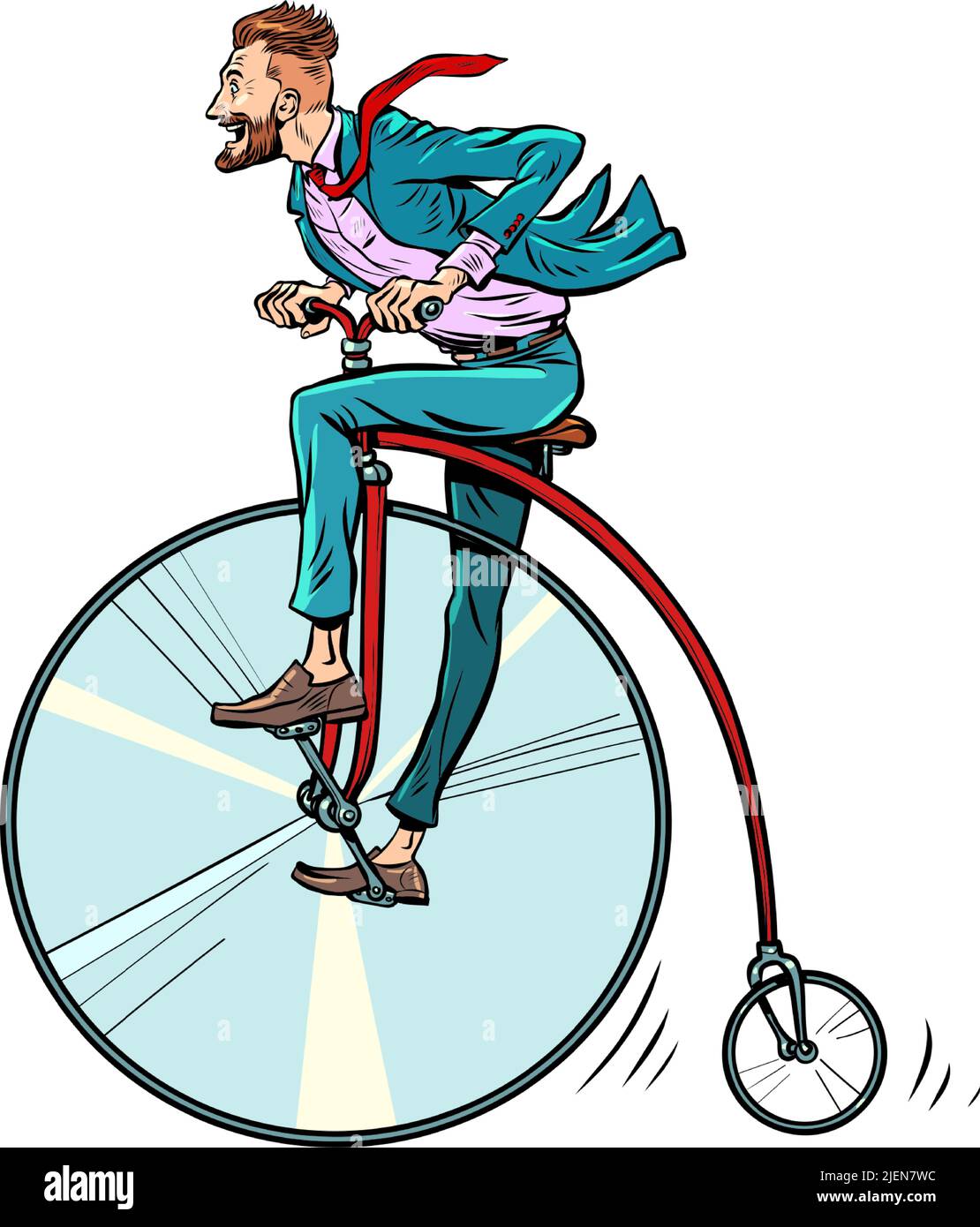 Penny-farthing retro bike, big wheel. Businessman rides forward fast, progress. pop art retro vector illustration kitsch vintage 50s 60s style Stock Vector
