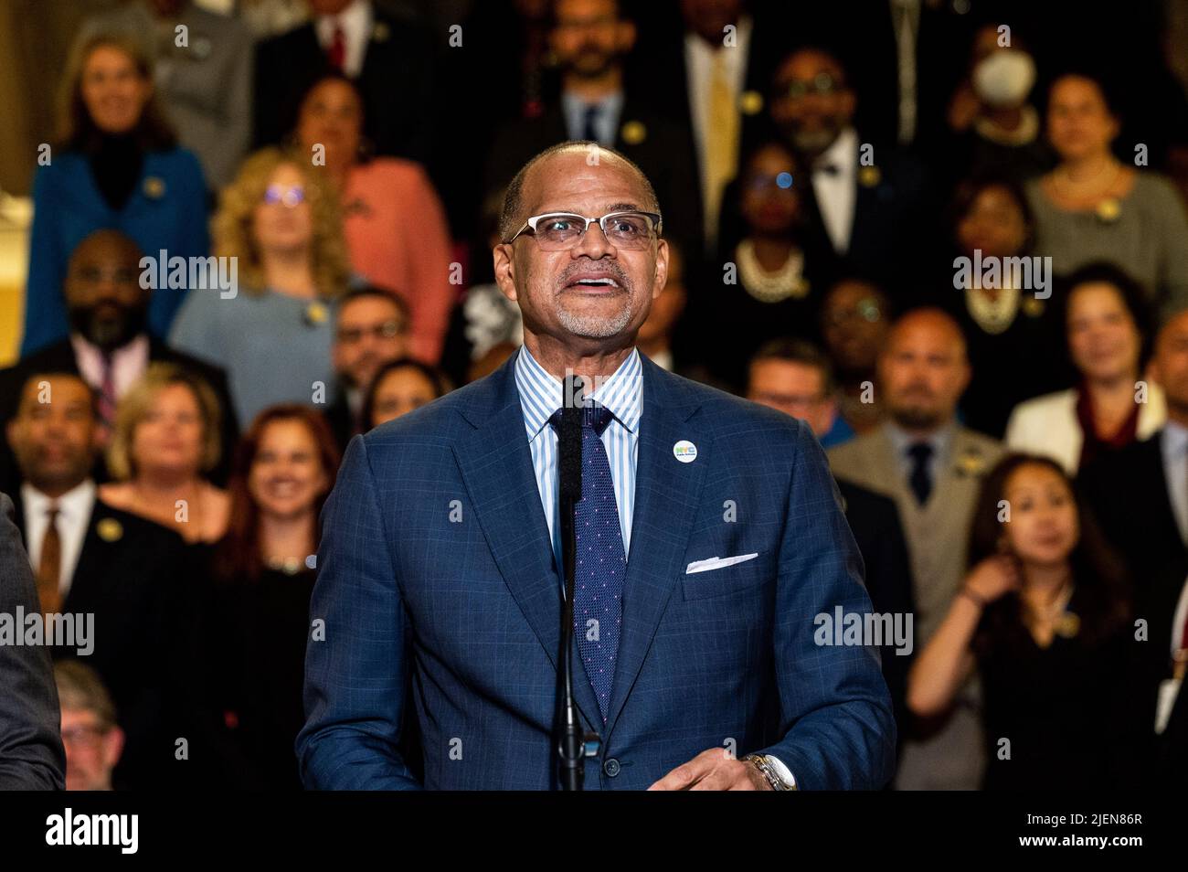 New York City School Chancellor David Banks speaking at an event where