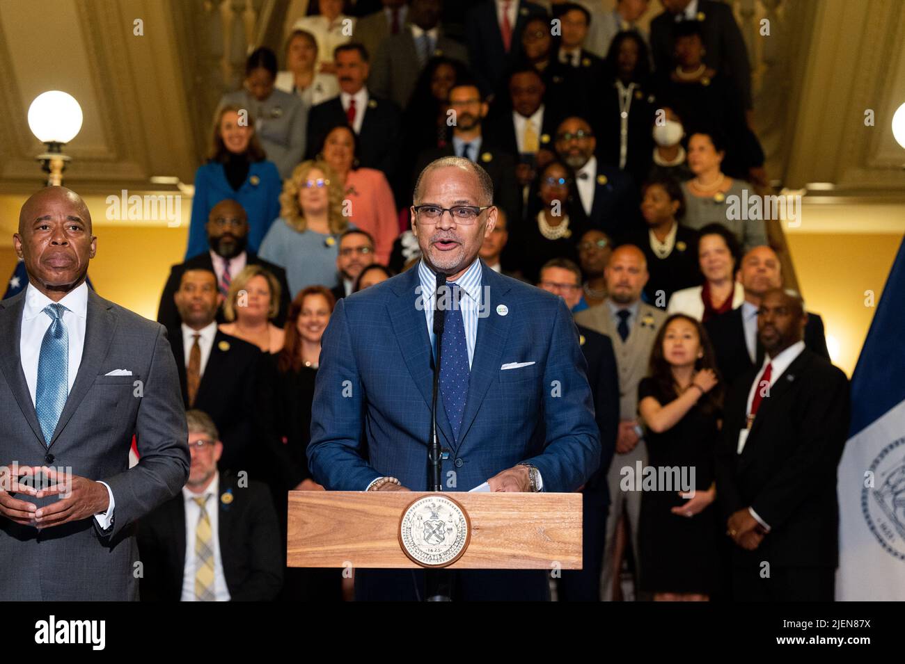 New York City School Chancellor David Banks speaking at an event where