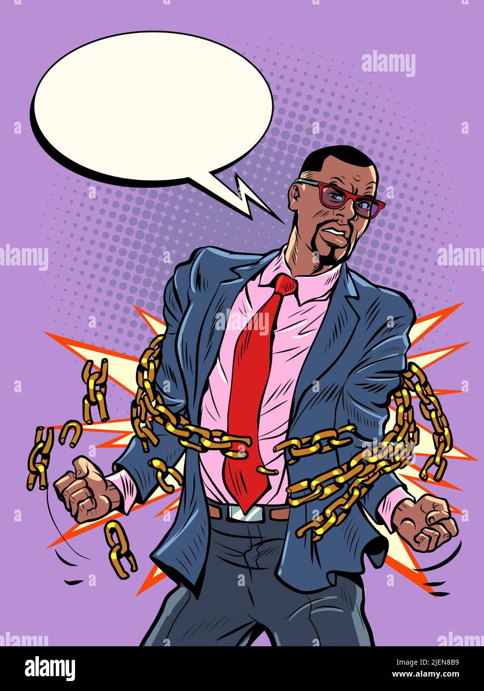 a businessman breaks the chains, a symbol of freedom and struggle against economic and political ties. Citizen and his rights. pop art retro vector il Stock Vector