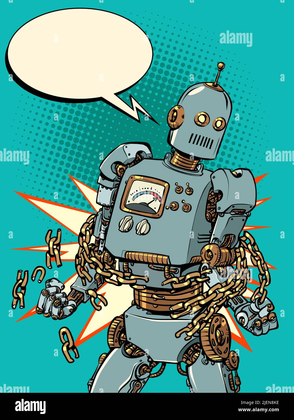 a robot breaks the chains, a symbol of freedom and struggle against economic and political ties. Citizen and his rights. pop art retro vector illustra Stock Vector