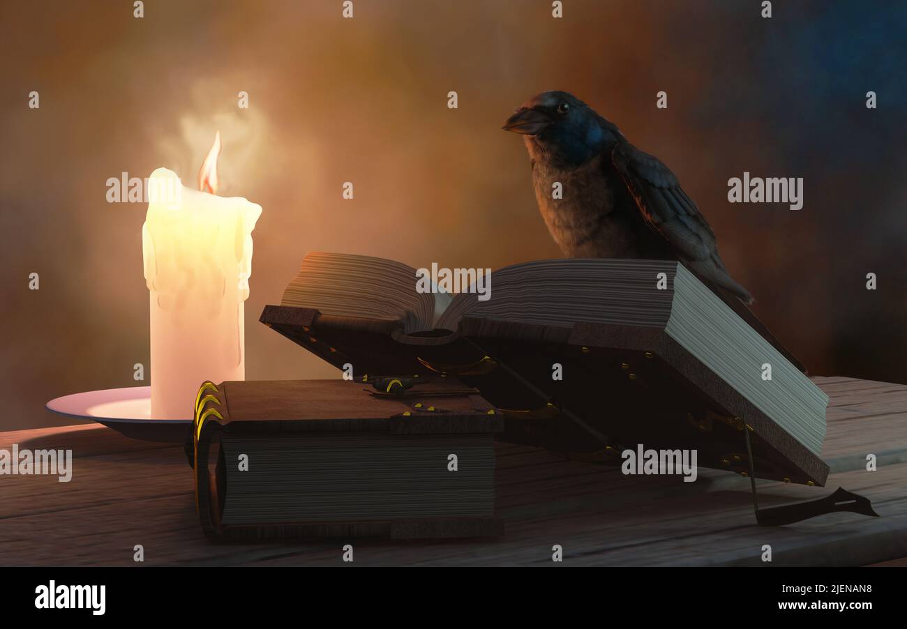 A black raven is busy reading a book by candle light which is propped up on another tome. Both of them are the antique style with a metal clasp. Stock Photo