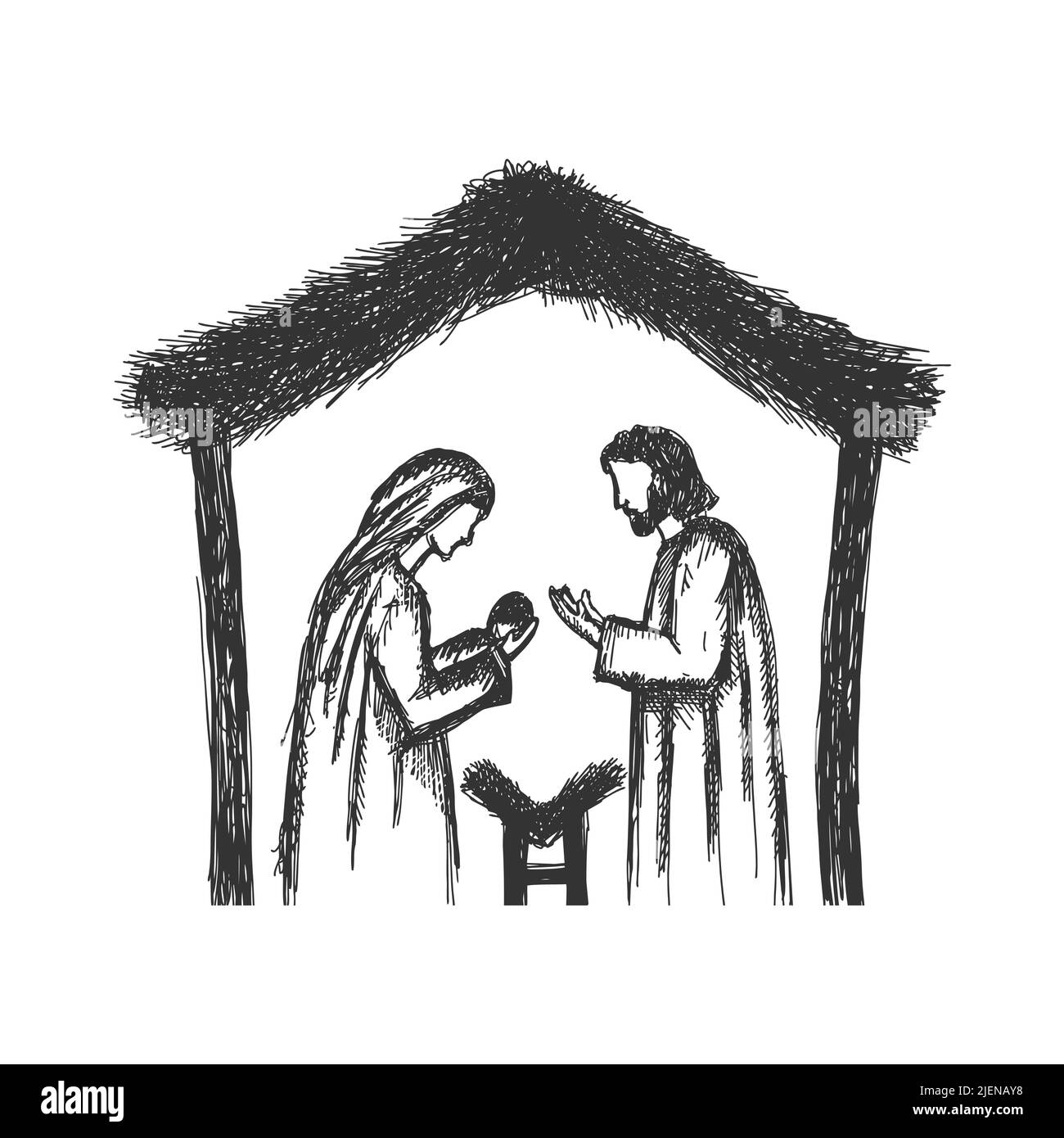 A drawing of a nativity scene. Joseph and Mary with little Jesus in a stable, a cave. Stock Vector