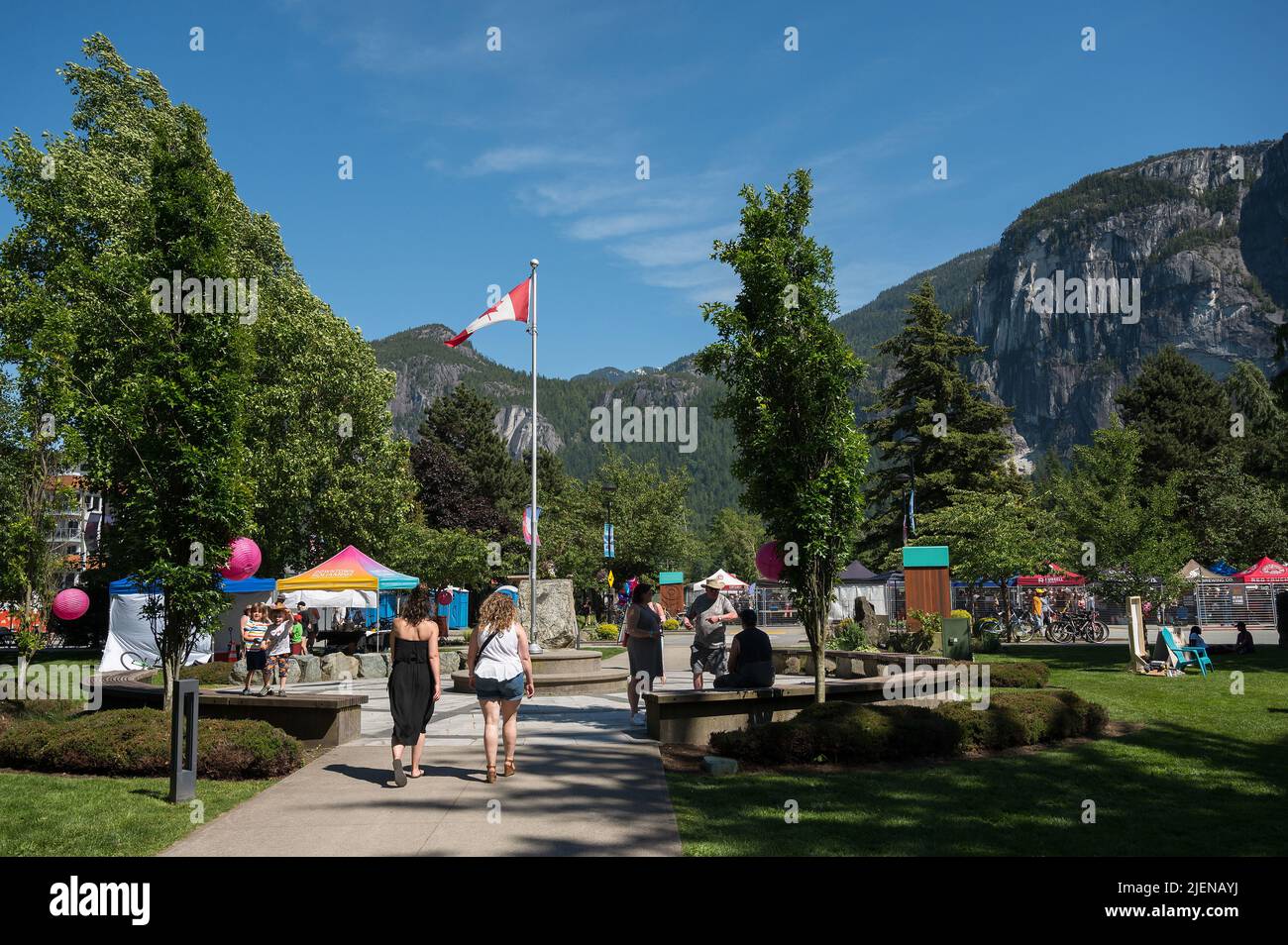 Downtown Squamish BC with the Stawamus Chief mountain the background. Stock Photo