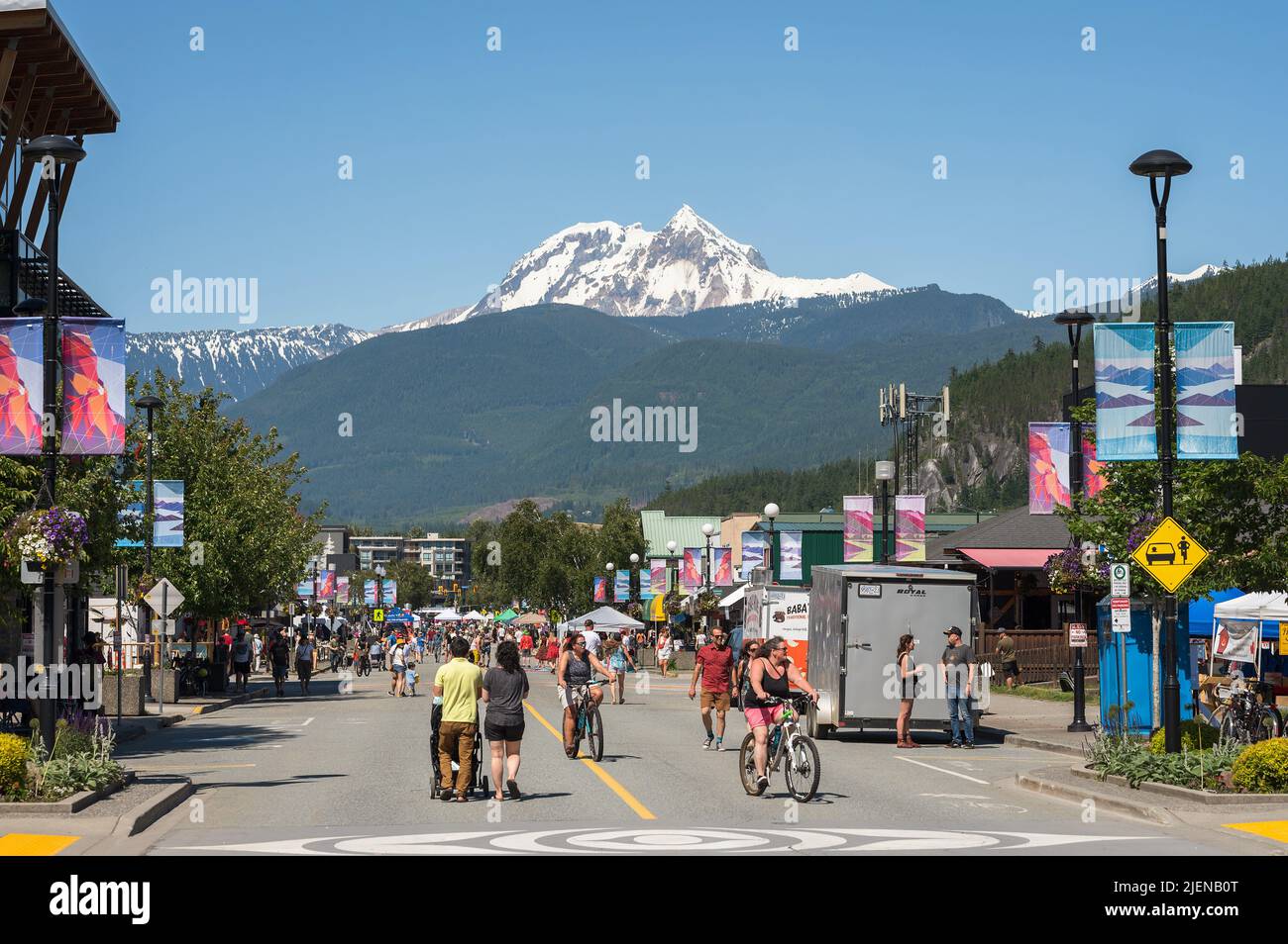 Downtown Squamish BC with Cleveland Avenue closed off for a street market. Stock Photo