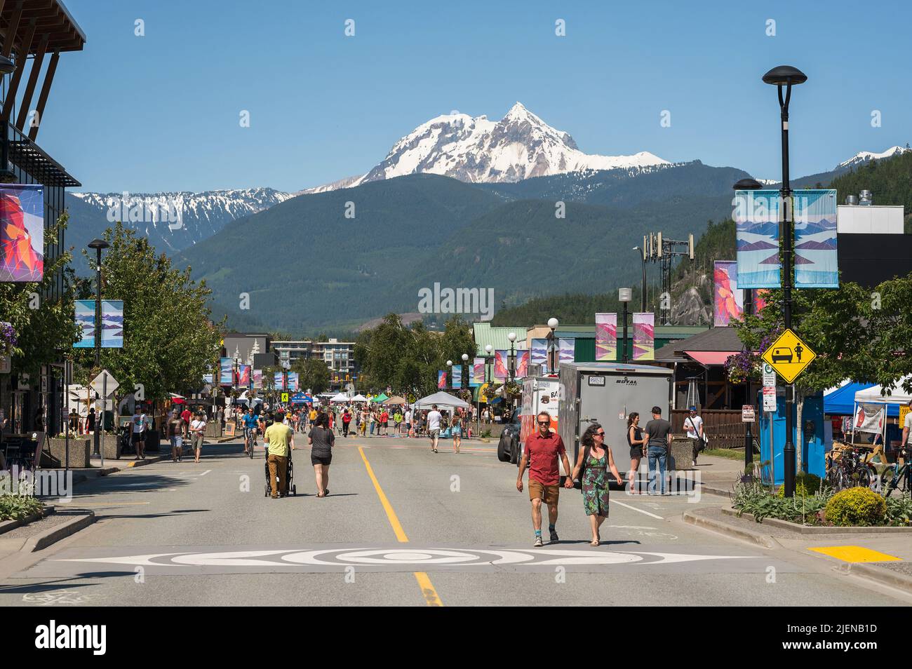 Downtown Squamish BC with Cleveland Avenue closed off for a street market. Stock Photo