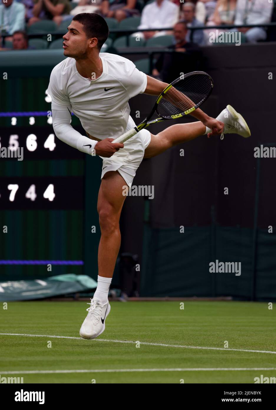 London, 27 June 2022 - Spain's Carlos Alcarraz serving Jan-Leonard STRUFF during their opening round match on Court Number One at Wimbledon today. Credit: Adam Stoltman/Alamy Live News Stock Photo