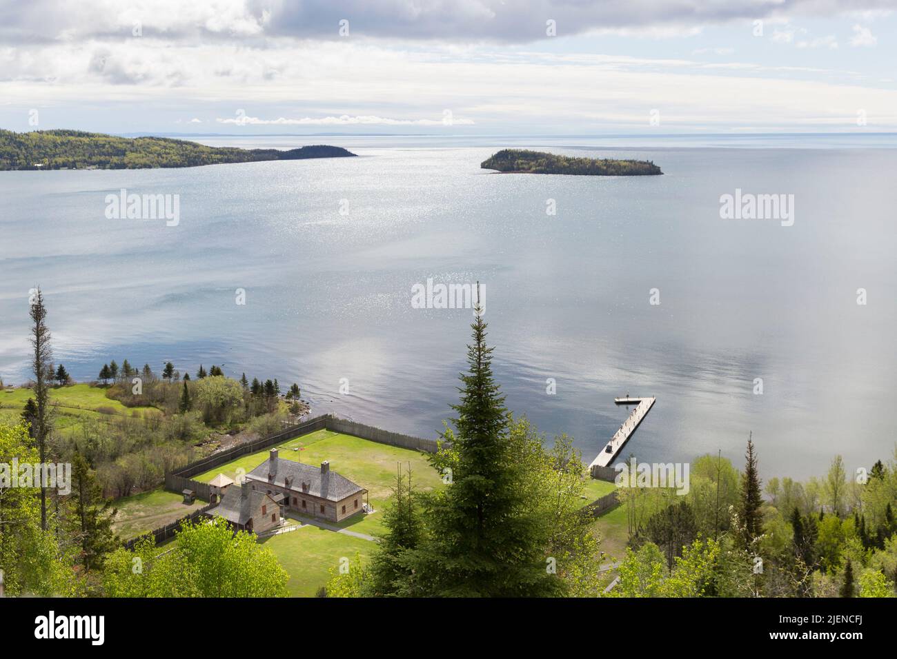 Aerail view of the reconstructed Grand Portage National Monument fur trading depot, kitchen, and stockade along the North Shore of Lake Superior in No Stock Photo