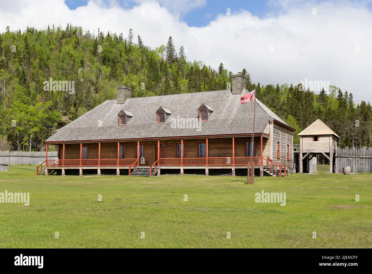 The reconstructed North West Company Grand Portage National Monument fur trading depot and Great Hall along the North Shore of Lake Superior Stock Photo