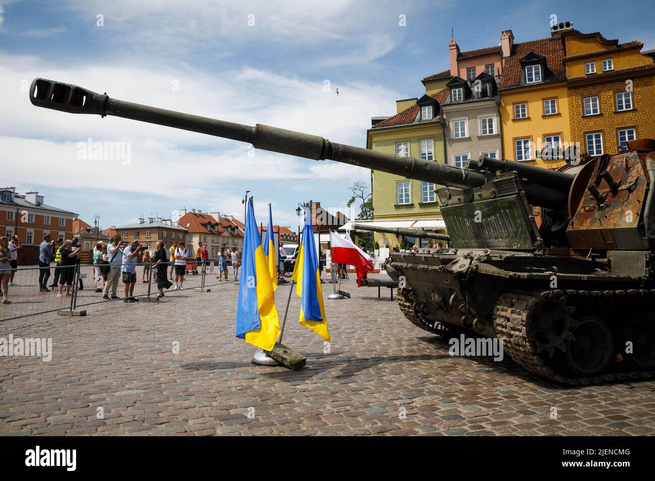 Ukrainian Flags Seen Near The Destroyed Russian Self Propelled Artillery System Howitzer 2s19 Msta S During The Exhibition In The Center Of Warsaw The Exhibition Of Russian Equipment Destroyed During The War In Ukraine