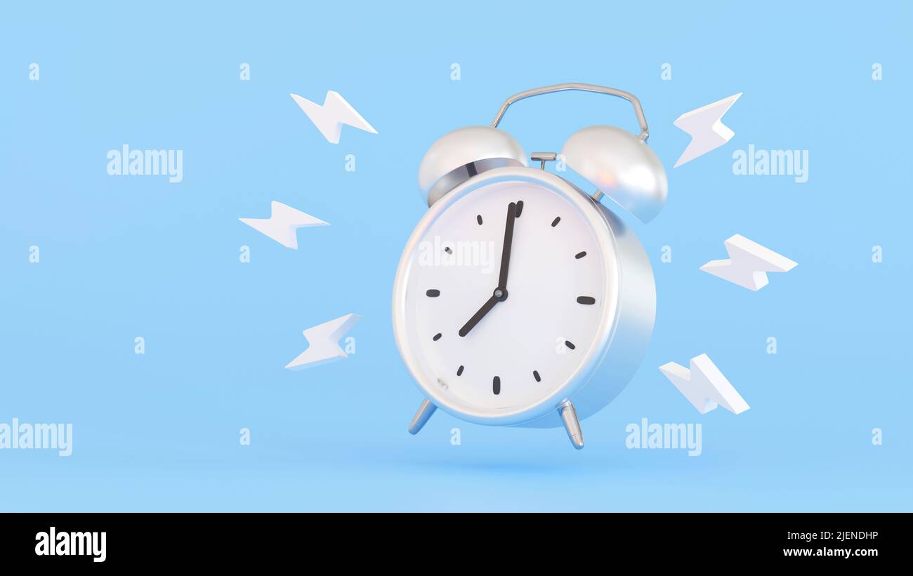 White Alarm clock ringing ringtone on pastel blue background, 3D rendering. Stock Photo