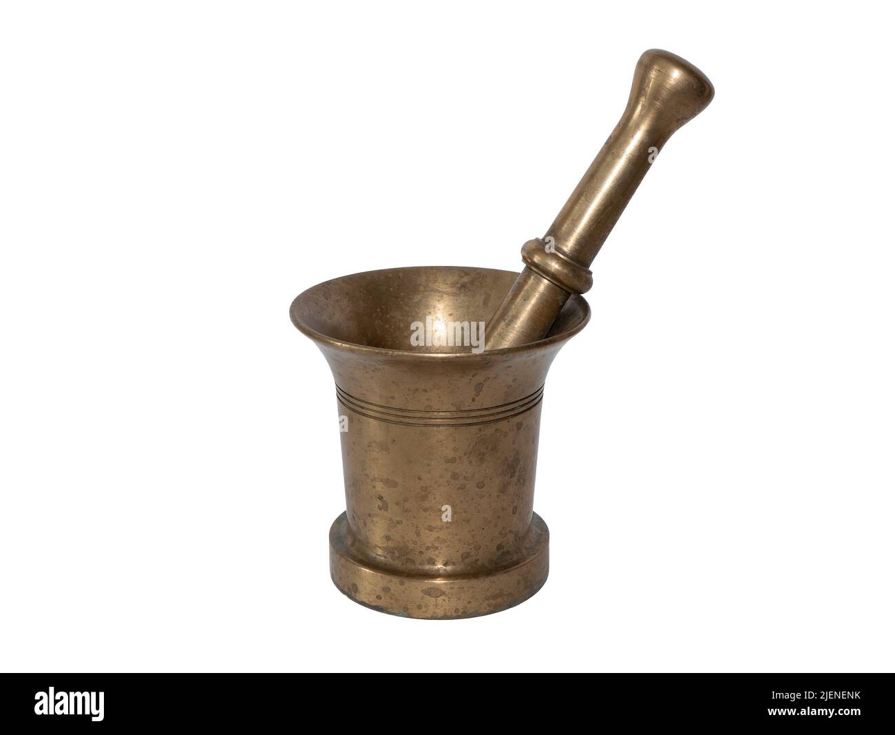 Brass mortar and pestle isolated on white background. Concept of alchemy, homeopathy, herbalism. Equipment for grinding and blending herbs and dried i Stock Photo