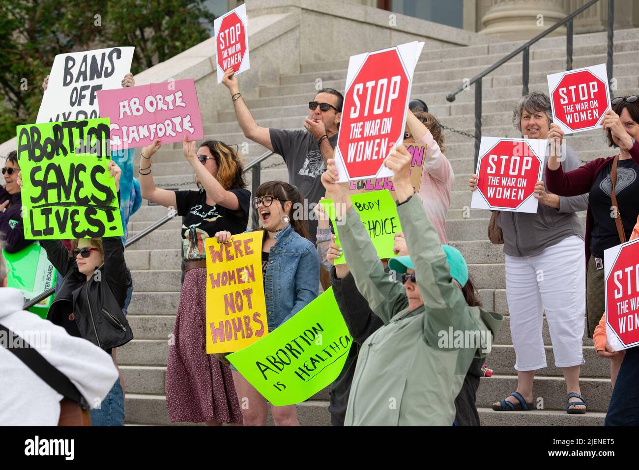 Helena, Montana - June 24, 2022: women protesting abortion ban and overturning of roe vs wade by Supreme Court at the state capitol, holding pro choic Stock Photo