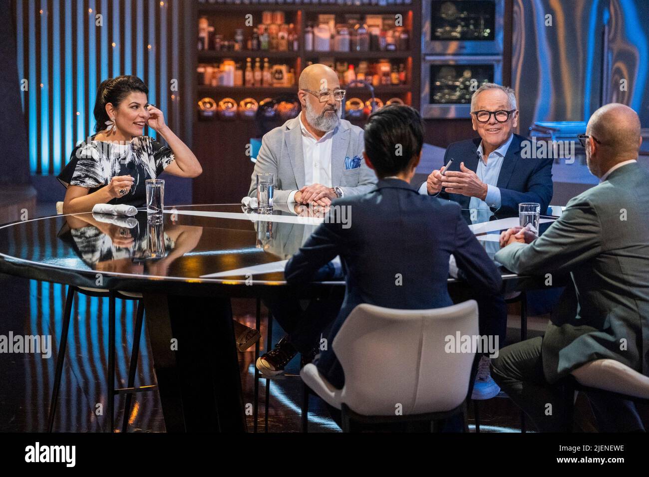 IRON CHEF QUEST FOR AN IRON LEGEND, back from left judges Nilou