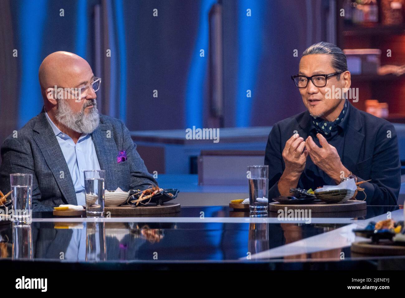 IRON CHEF: QUEST FOR AN IRON LEGEND, from left: judges Andrew Zimmern,  Masaharu Morimoto, Battle for