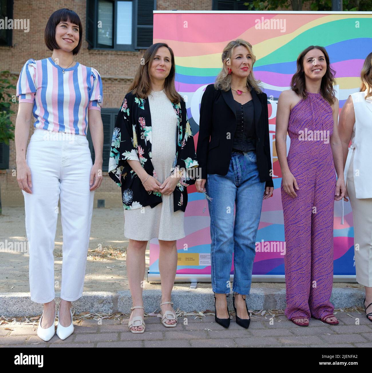 (L-R) The Minister of Science and Innovation, Diana Morant; the Minister of Social Rights and Agenda 2030, Ione Belarra; the Second Vice-President of the Government and Minister of Labor, Yolanda Diaz and the Minister of Equality, Irene Montero during the 2nd edition of the Rainbow Awards for the International LGTBI Pride Day, on 27 June, 2022 in Madrid, Spain. Under the slogan 'Orgullo de Pais' (Country Pride), the campaign has as its main piece a poster that in this edition incorporates the novelty of having a dynamic version and a static version. With this campaign, the Ministry of Equality Stock Photo