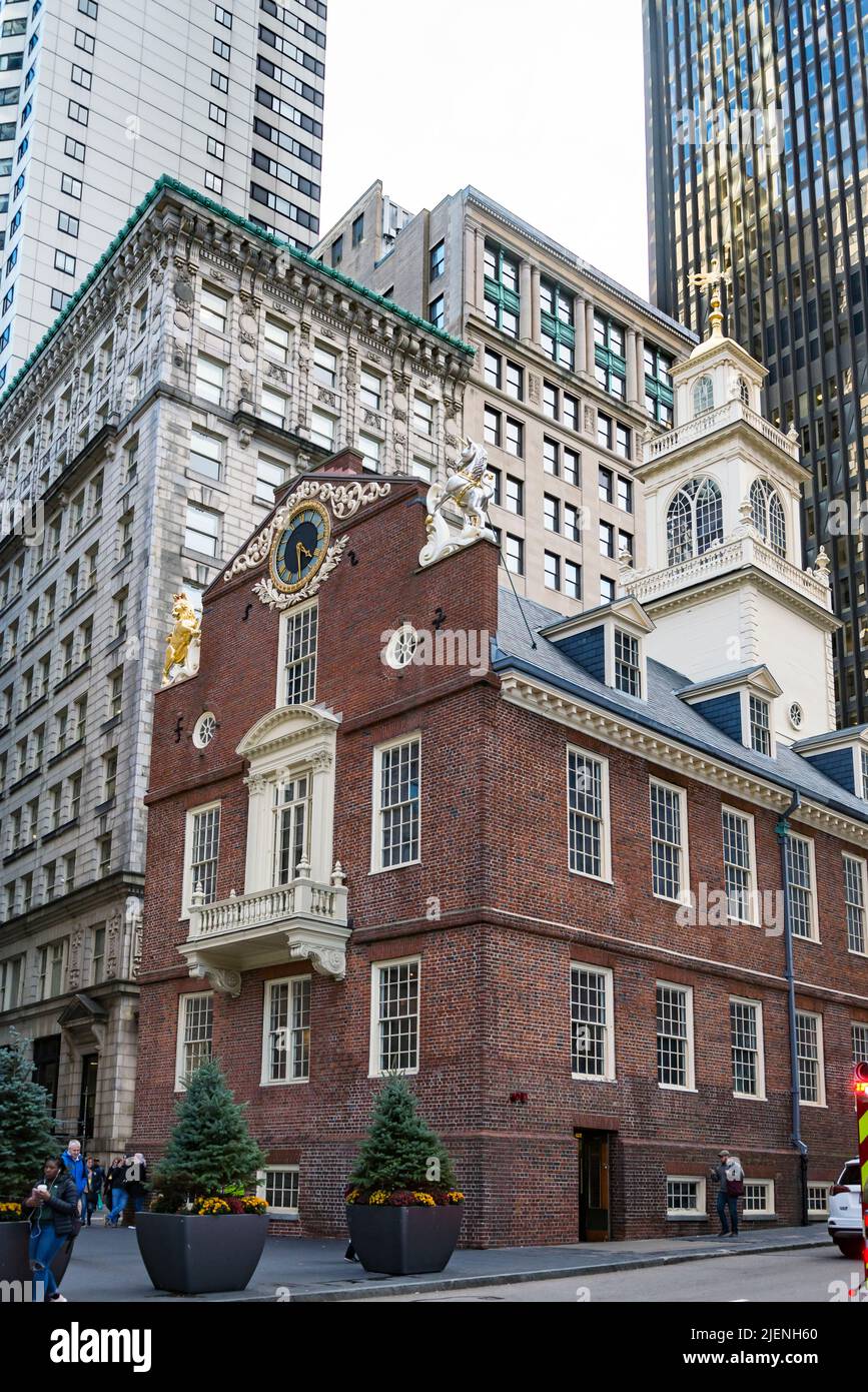 Old State House and the skyscrapers of the Financial District at night in Boston, Massachusetts, USA Stock Photo