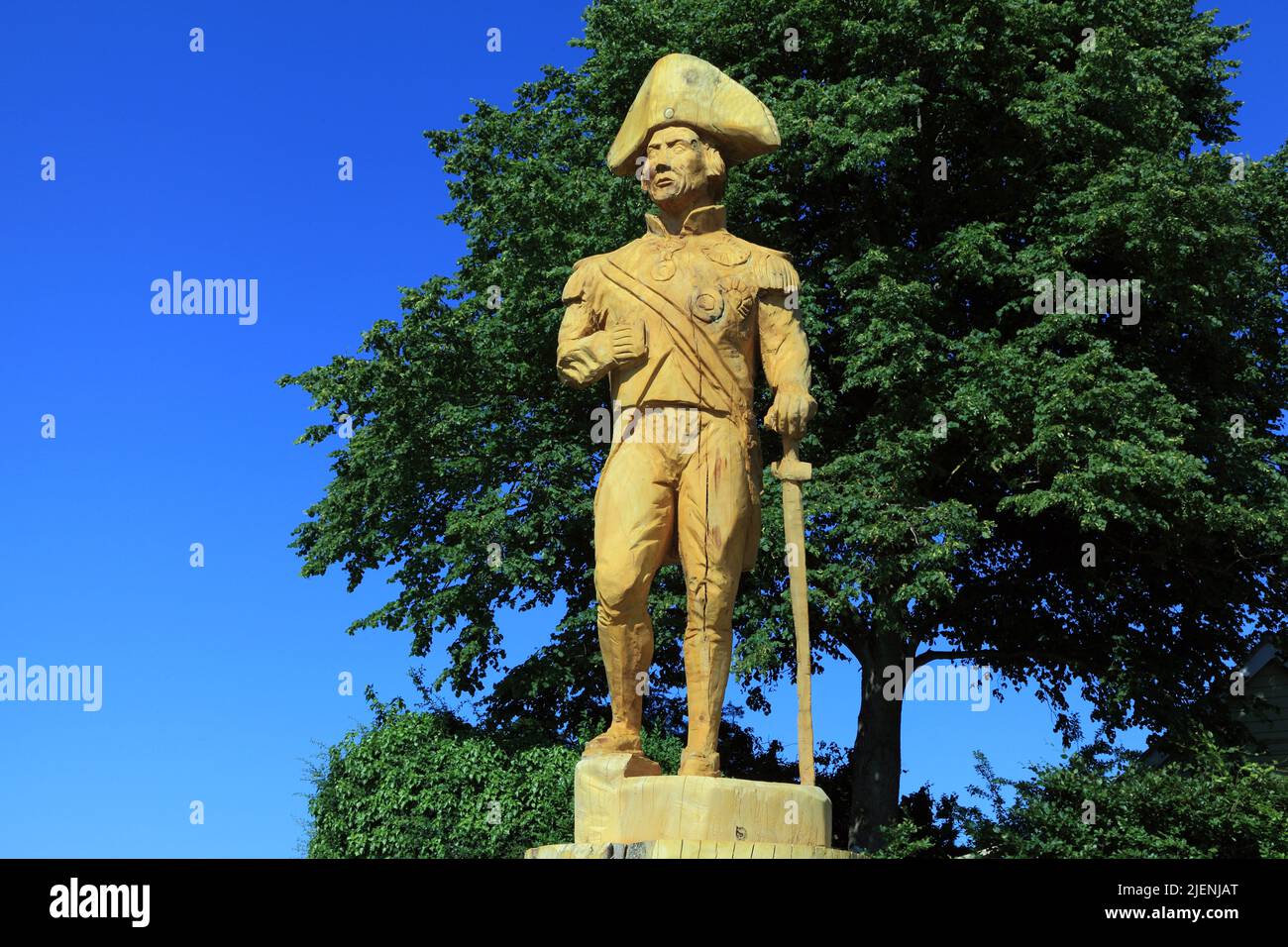 Admiral Lord Horatio Nelson, wood sculpture, carving, Burnham Thorpe,  by chainsaw artist Henry Hepworth-Smith, from Norwegian Maple tree, Norfolk Stock Photo