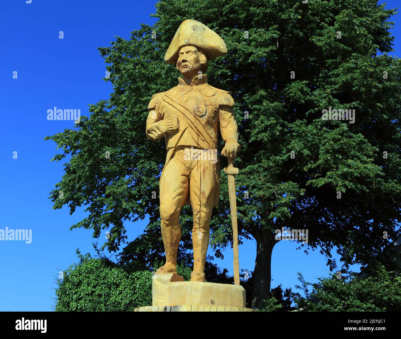 Admiral Lord Horatio Nelson, wood sculpture, carving, Burnham Thorpe,  by chainsaw artist Henry Hepworth-Smith, from Norwegian Maple tree, Norfolk Stock Photo