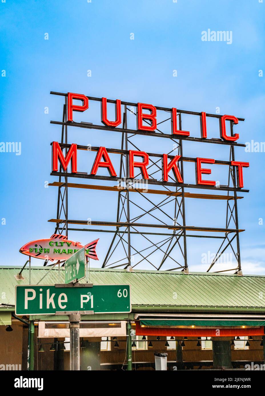 Seattle, Washington, USA - June 3, 2022:  View from historic Pike Place Public Market seen from Seattle Washington. Stock Photo