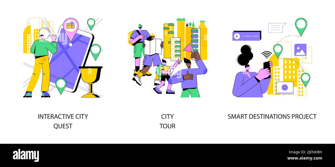Sightseeing abstract concept vector illustration set. Interactive city quest, city tour, smart destinations project, urban park, old town, taking photos, smart spot, IoT tags abstract metaphor. Stock Vector
