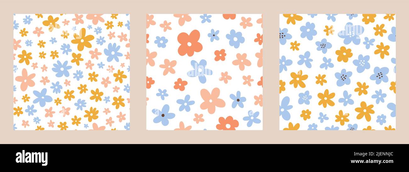 Collection of cute seamless patterns with spring flowers. Vector illustration in hand-drawn flat style. Perfect for print, decorations, wallpaper, wrapping paper, cards. Simple botanical backgrounds. Stock Vector