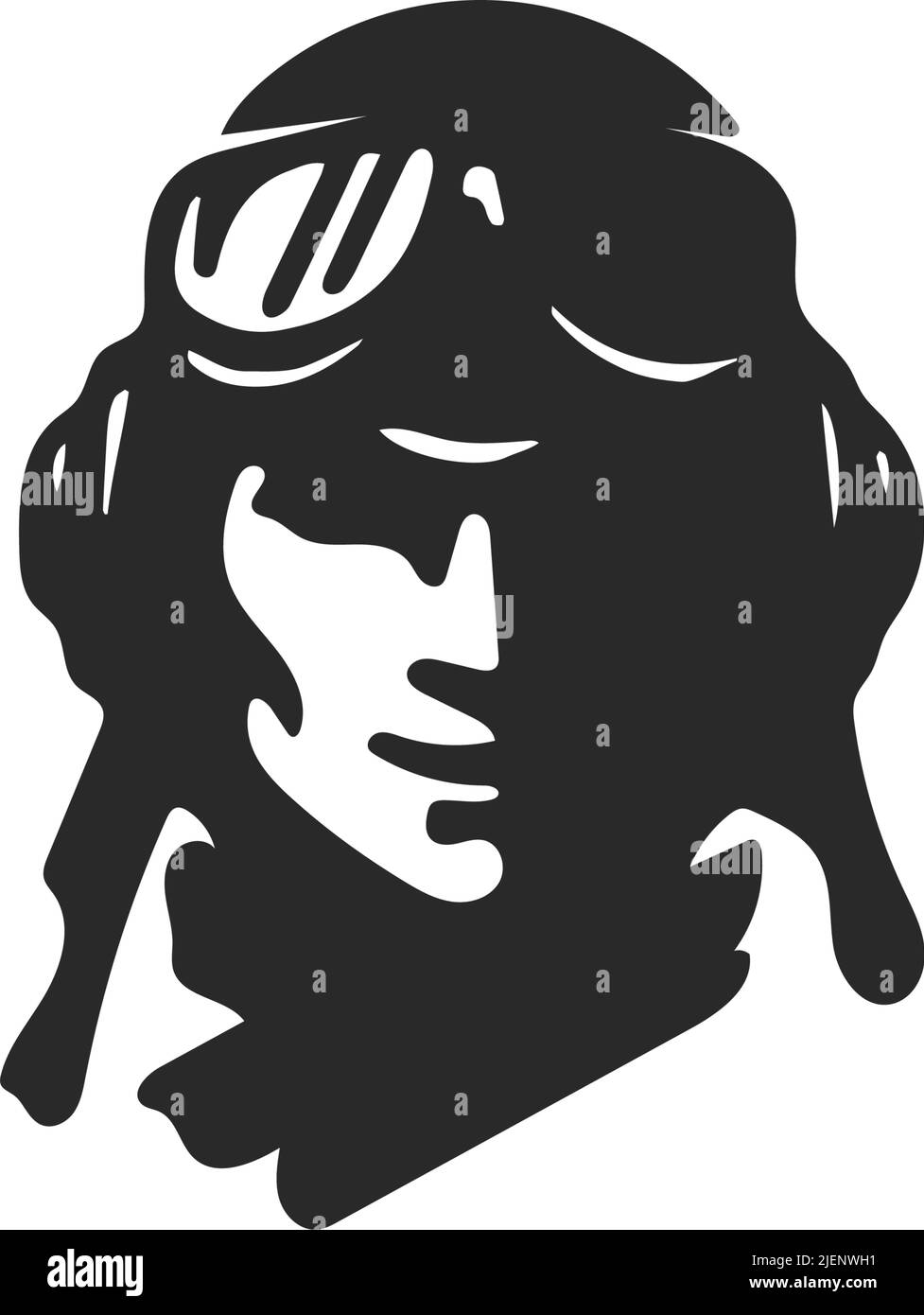 A vector Human Fighter Pilot half face illustration and Silhouette in retro aviator helmet with open jaw Icon Stock Vector