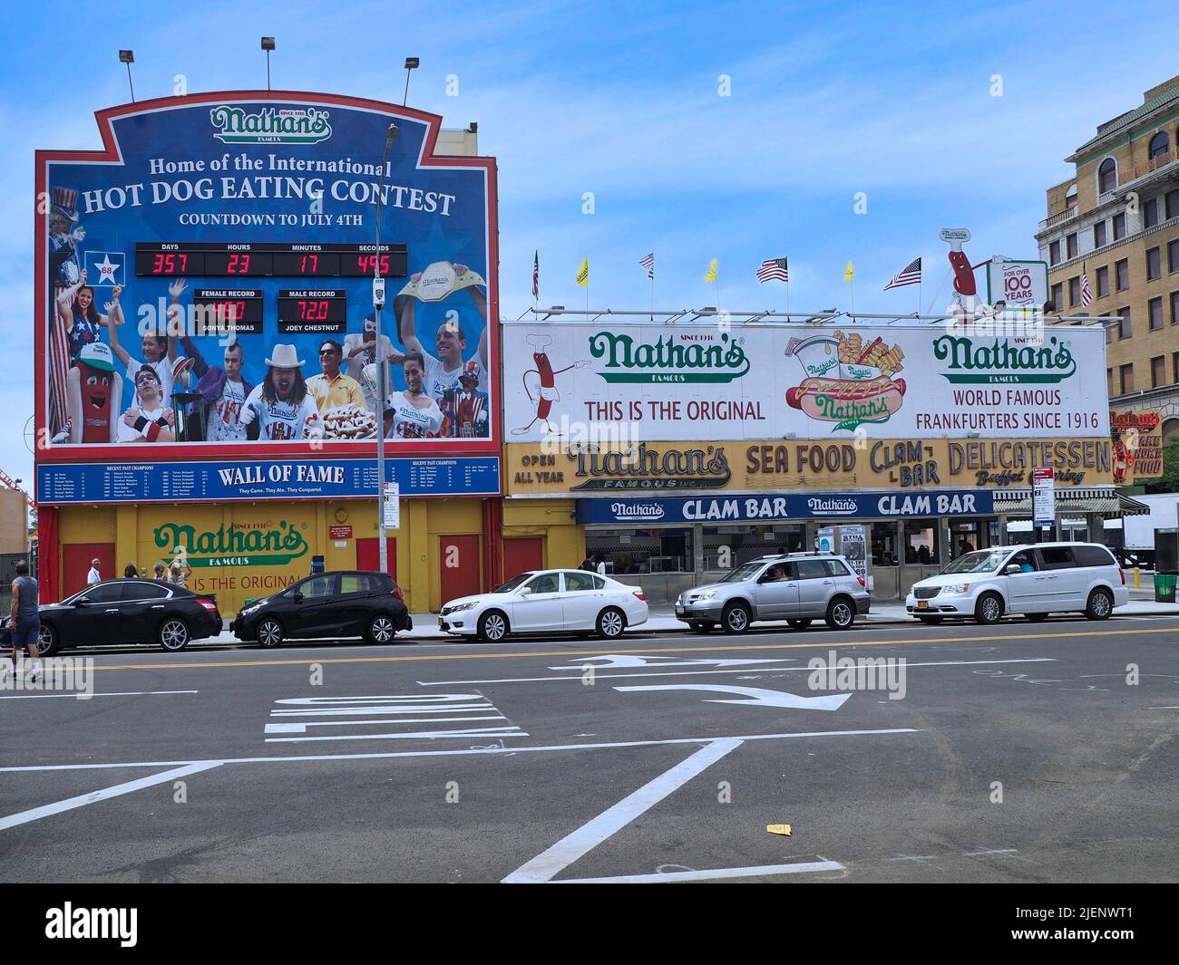 Coney Island amusement area in New York with Nathan's Famous hot dog stand Stock Photo