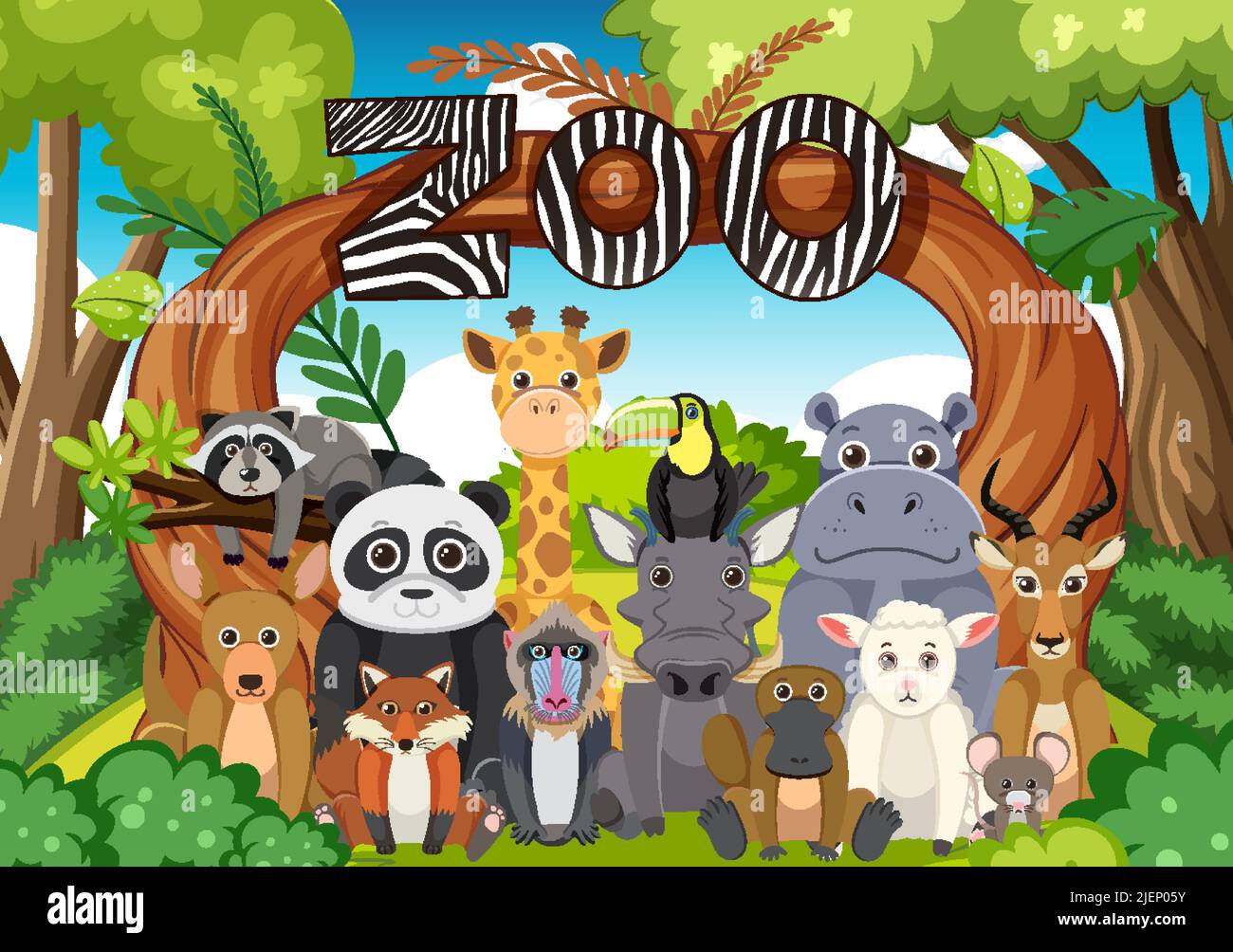 Zoo animals group in flat cartoon style illustration Stock Vector Image &  Art - Alamy