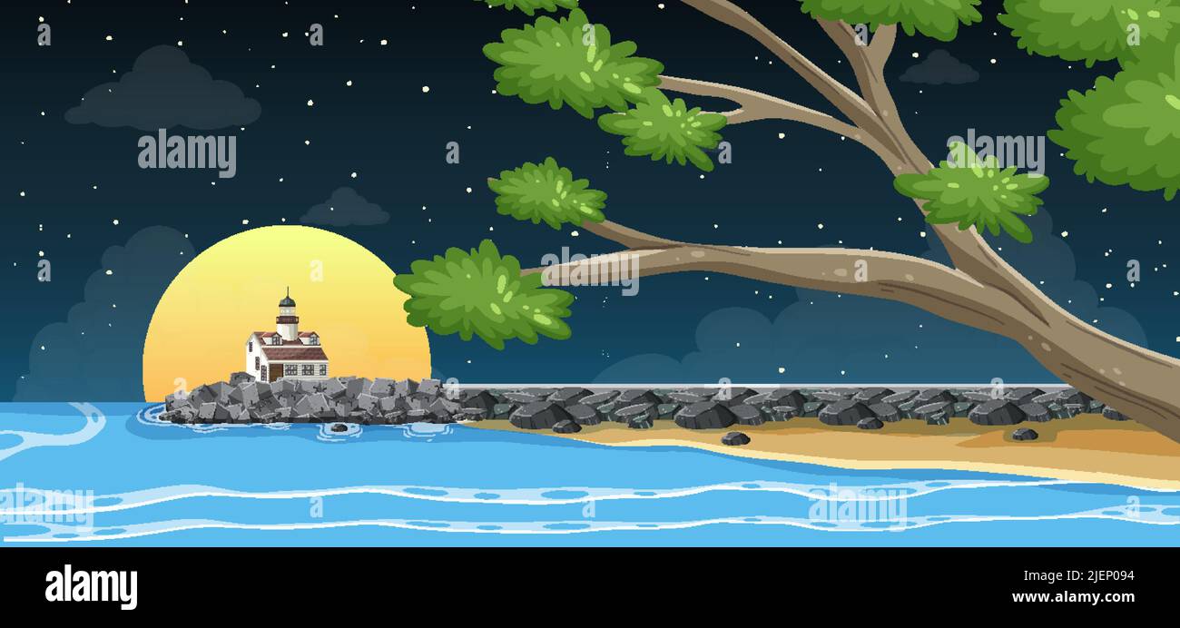 Lighthouse sea coast at night background illustration Stock Vector ...