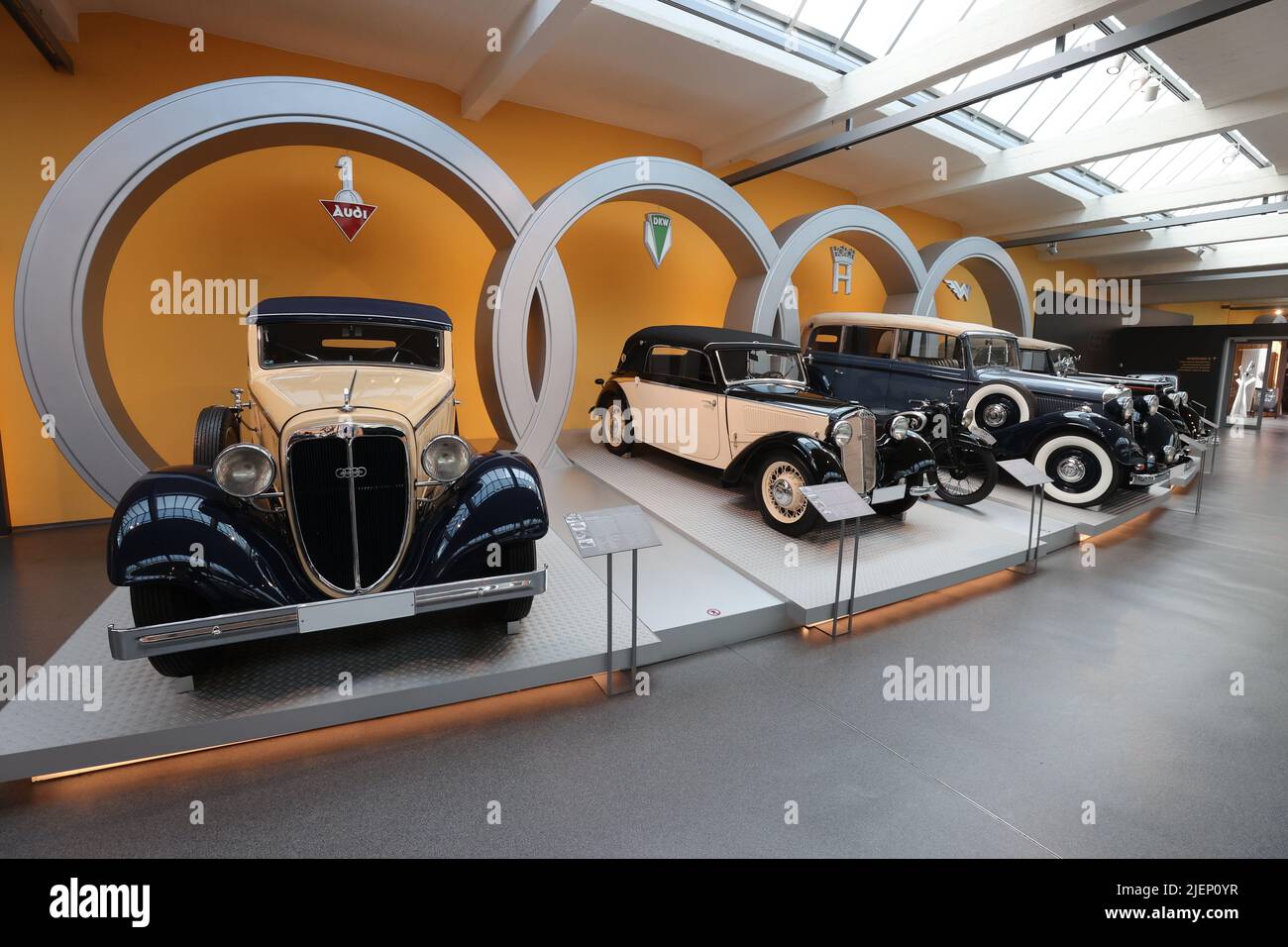Zwickau, Germany. 24th June, 2022. An Audi UW8/45 hp (lr), a DKW F7, a Horch 830 BL and a