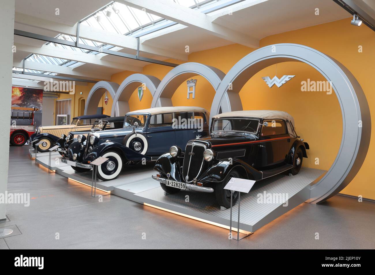 Zwickau, Germany. 24th June, 2022. An Audi UW8/45 hp (lr), a DKW F7, a Horch 830 BL and a