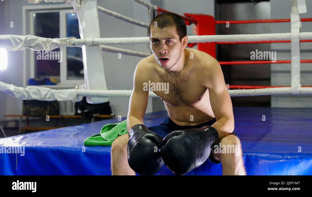 BOX boxer put his elbows on his knees and sitting Stock Photo Alamy